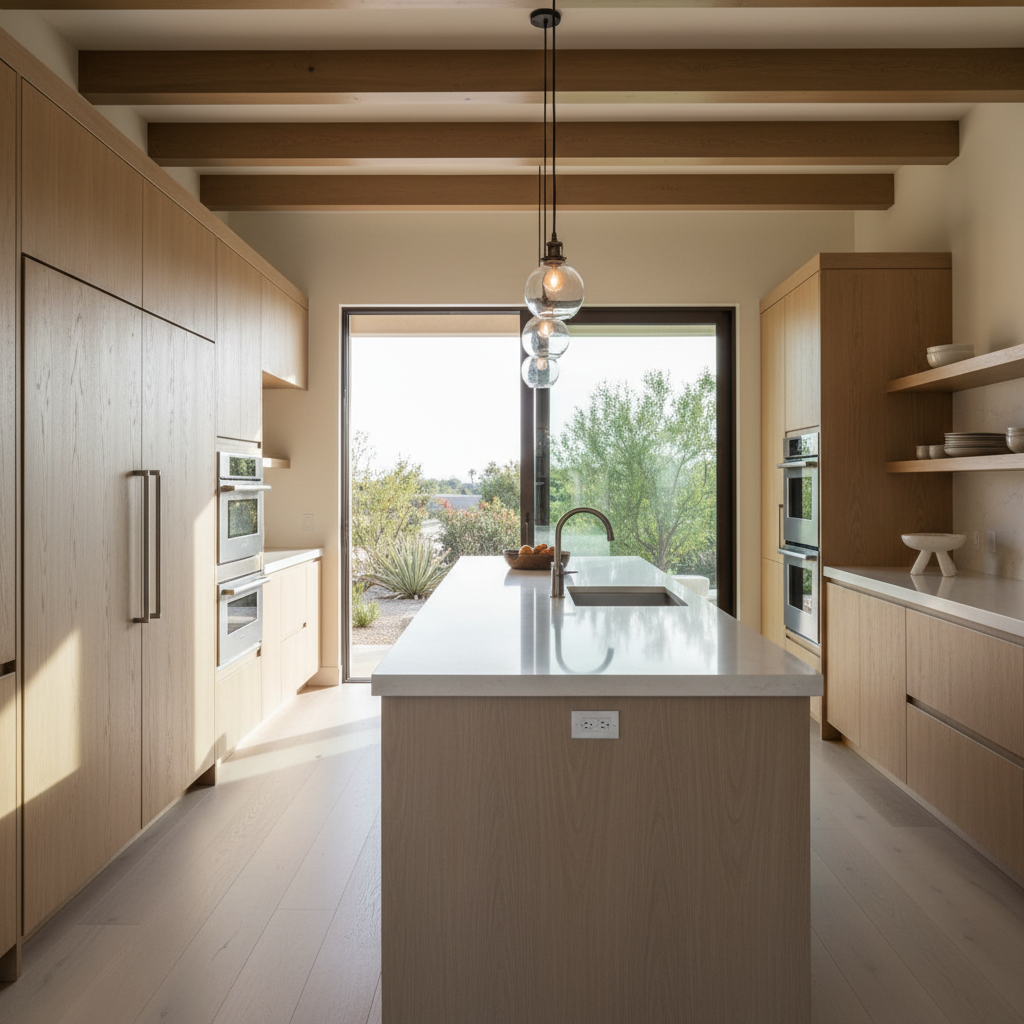 Upscale kitchen interior with integrated refrigerator and wall oven