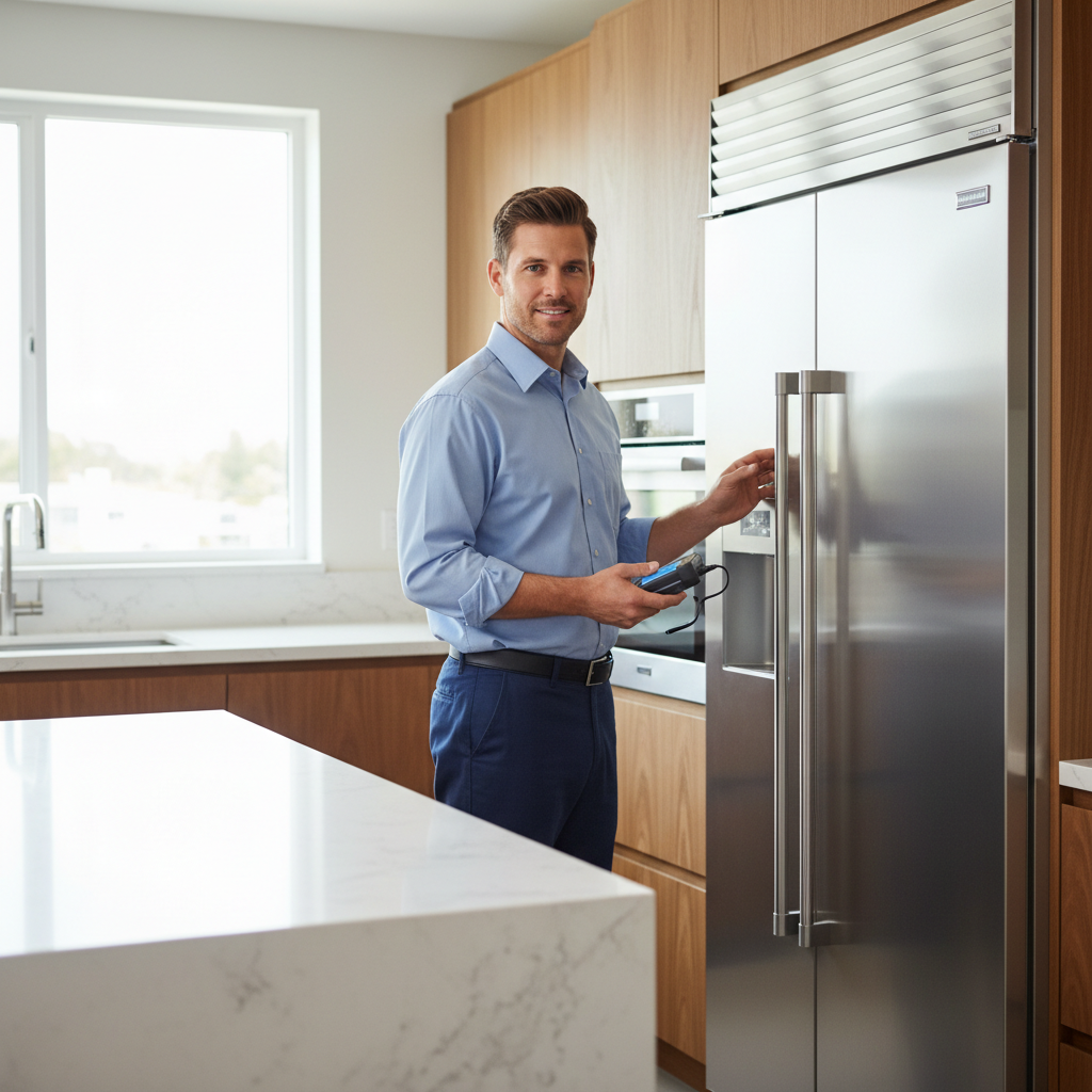 Professional technician inspecting a built-in refrigerator